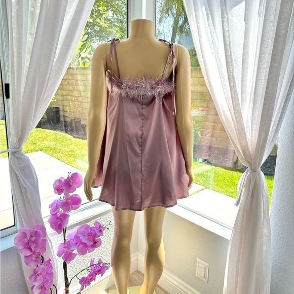 Nasty Gal Feather Trim Satin Nighty Slip Dress Purple Size 8 Shift Dress - Picture 9 of 14
